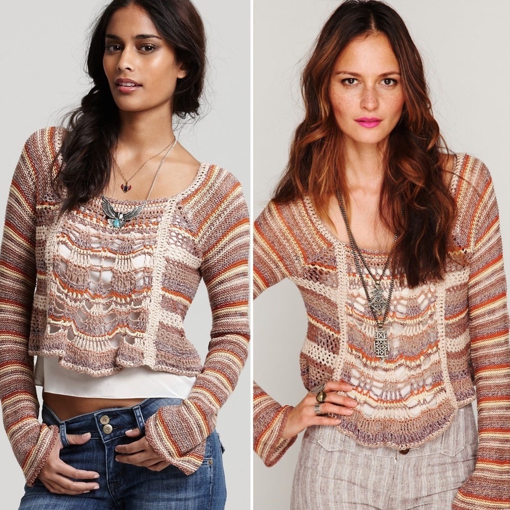 Free People Phoenix Crochet Striped Bell Sleeve Boho Sweater Women’s Size Medium